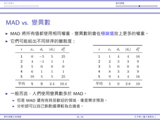 資料視覺化 資料摘要
MAD vs. 變異數
MAD 將所有值都使⽤相同權重，變異數則會在極端值放上更多的權重。
它們可能給出不同排序的離散度：
i xi di |di| d2
i
1 0 −5 5 25
2 4 −1 1 1
3 5 0 0 0
4 6 1 1 1
5 10 5 5 25
平均 5 0 2.4 10.4
i xi di |di| d2
i
1 1 4 4 16
2 2 3 3 9
3 5 0 0 0
4 8 3 3 9
5 9 4 4 16
平均 5 0 2.8 10
⼀般⽽⾔，⼈們使⽤變異數多於 MAD。
但是 MAD 還有有其受歡迎的領域，像是需求預測。
分析師可以⾃⼰斟酌選擇較為合適者。
資料視覺化與摘要 35 / 45 孔令傑（臺⼤資管系）
 
