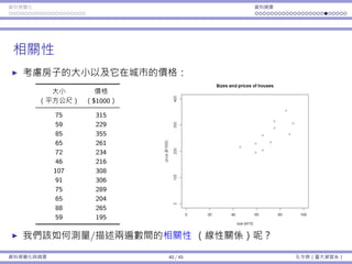 資料視覺化 資料摘要
相關性
考慮房⼦的⼤⼩以及它在城市的價格：
⼤⼩ 價格
（平⽅公尺） （$1000）
75 315
59 229
85 355
65 261
72 234
46 216
107 308
91 306
75 289
65 204
88 265
59 195
我們該如何測量/描述兩遍數間的相關性 （線性關係）呢？
資料視覺化與摘要 40 / 45 孔令傑（臺⼤資管系）
 