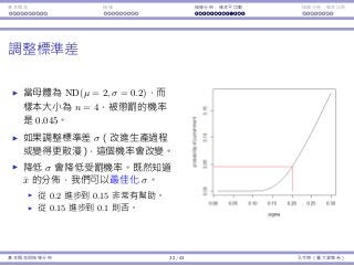 基本概念 抽樣 抽樣分佈：樣本平均數 抽樣分佈：樣本比例
調整標準差
當⺟體為 ND(µ = 2, σ = 0.2)，⽽
樣本⼤⼩為 n = 4，被懲罰的機率
是 0.045。
如果調整標準差 σ（改進⽣產過程
或變得更散漫），這個機率會改變。
降低 σ 會降低受罰機率。既然知道
¯x 的分佈，我們可以最佳化 σ。
從 0.2 進步到 0.15 非常有幫助。
從 0.15 進步到 0.1 則否。
基本概念與抽樣分佈 32 / 43 孔令傑（臺⼤資管系）
 