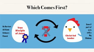 Which Comes First?
True
Disciple
of Jesus
No Barriers
All Kinds
Ordinary
Flawed Christ-led
Leader
Even if
part of
us is
still a
Big
Chicken
 