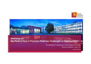 Workshop on
Big Medical Data in Precision Medicine: Challenges or Opportunities?
Dr. Matthieu-P. Schapranow, Prof. Christof von Kalle
Festival of Genomics, London, UK
Jan 19, 2016
 