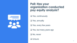 8
Poll: Has your
organization conducted
pay equity analysis?
❑ Yes, continuously
❑ Yes, annually
❑ Yes, every few years
❑ ...