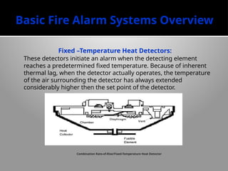 Basic Fire Alarm Systems Overview
Fixed –Temperature Heat Detectors:
These detectors initiate an alarm when the detecting element
reaches a predetermined fixed temperature. Because of inherent
ther­
mal lag, when the detector actually operates, the temperature
of the air surrounding the detector has always extended
considerably higher then the set point of the detector.
Combination Rate-of-Rise/Fixed-Temperature Heat Detector
 