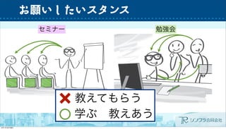 お願いしたいスタンス
セミナー 勉強会
教えてもらう
学ぶ 教えあう
 