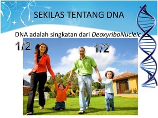 DNA adalah singkatan dari DeoxyriboNucleic
Acid
SEKILAS TENTANG DNA
 