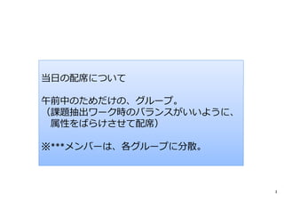 当⽇の配席について
午前中のためだけの、グループ。
（課題抽出ワーク時のバランスがいいように、
属性をばらけさせて配席）
※***メンバーは、各グループに分散。
3
 