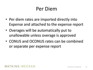 Per DiemPer diem rates are imported directly into Expense and attached to the expense reportOverages will be automatically put to unallowable unless overage is approvedCONUS and OCONUS rates can be combined or separate per expense reportProprietary & Confidential          31