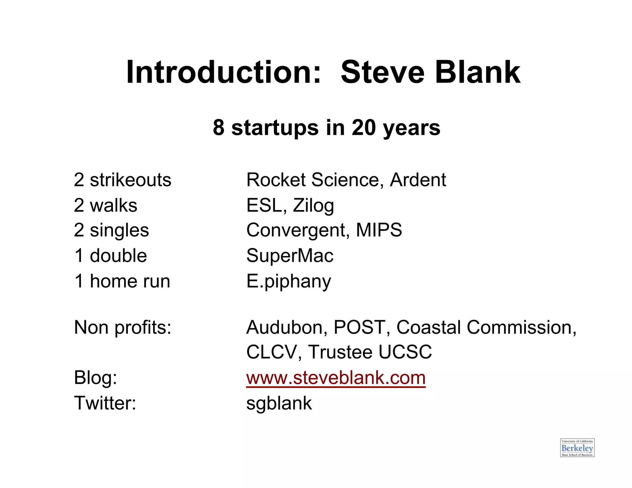 Introduction: Steve Blank
               8 startups in 20 years

2 strikeouts      Rocket Science, Ardent
2 walks           ESL, Zilog
2 singles         Convergent, MIPS
1 double          SuperMac
1 home run        E.piphany

Non profits:      Audubon, POST, Coastal Commission,
                  CLCV, Trustee UCSC
Blog:             www.steveblank.com
Twitter:          sgblank
 