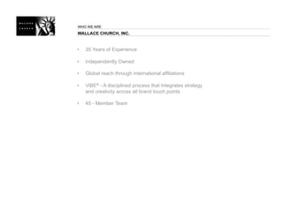 WHO WE ARE
WALLACE CHURCH, INC.


•   35 Years of Experience

•   Independently Owned

•   Global reach through international affiliations

•   ViBE® - A disciplined process that Integrates strategy
    and creativity across all brand touch points

•   45 - Member Team
 