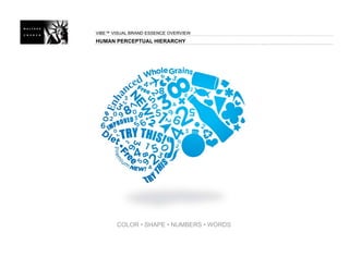 ViBE™ VISUAL BRAND ESSENCE OVERVIEW
HUMAN PERCEPTUAL HIERARCHY




       COLOR • SHAPE • NUMBERS • WORDS
 