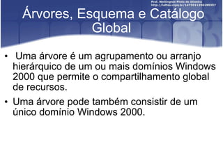 Árvores, Esquema e Catálogo Global Uma árvore é um agrupamento ou arranjo hierárquico de um ou mais domínios Windows 2000 que permite o compartilhamento global de recursos.  Uma árvore pode também consistir de um  único domínio Windows 2000. 