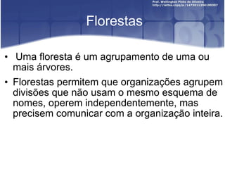 Florestas Uma floresta é um agrupamento de uma ou mais árvores. Florestas permitem que organizações agrupem divisões que não usam o mesmo esquema de nomes, operem independentemente, mas precisem comunicar com a organização inteira. 
