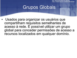 Grupos Globais Usados para organizar os usuários que compartilham requisitos semelhantes de acesso à rede. É possível utilizar um grupo global para conceder permissões de acesso a recursos localizados em qualquer domínio. 