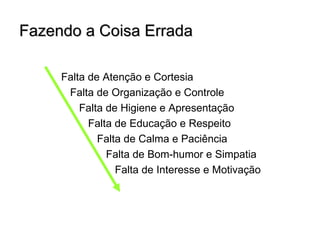 Fazendo a Coisa Errada

     Falta de Atenção e Cortesia
      Falta de Organização e Controle
         Falta de Higiene e Apresentação
           Falta de Educação e Respeito
             Falta de Calma e Paciência
               Falta de Bom-humor e Simpatia
                 Falta de Interesse e Motivação
 