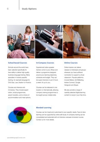 6
specialistlanguagecourses.com
Study Options
Online Courses
Online trainers can deliver
classes to individuals and groups
wherever you have sufficient
connection to support a virtual
classroom. Popular platforms
include Webex, GoToMeeting,
Adobe Connect, Google
Hangouts and Skype.
We also provide a range of
carefully selected digital learning
content to study in your free time.
Blended Learning
Courses can be mixed and customized to your specific needs. Face-to-face
learning can be supported by online self-study. In-company training can be
consolidated and extended with an intensive overseas immersion course.
Contact us for more details.
School-based Courses
Schools around the world have
been selected specifically for
their ability to deliver high-quality
business language training. Many
specialise in industry-specific
training, for example language for
Oil & Gas, Law, Aviation or Finance.
Courses are intensive and
immersive. They include expert
tuition, social programmes,
airport transfers, and a choice of
accommodation and meal options.
In-Company Courses
Experienced native speaker
trainers come to your offices and
deliver a programme designed
around your learning objectives,
schedule and budget. They can
be super-intensive or just 2 hours
a week. It’s up to you.
Courses can be delivered in one
location or internationally, allowing
company training programmes to
be taught across multiple sites
 