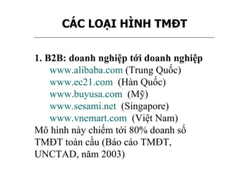 CÁC LOẠI HÌNH TMĐT 1. B2B: doanh nghiệp tới doanh nghiệp www.alibaba.com  (Trung Quốc) www.ec21.com   (Hàn Quốc) www.buyusa.com   (Mỹ) www.sesami.net   (Singapore)  www.vnemart.com   (Việt Nam) Mô hình này chiếm tới 80% doanh số TMĐT toàn cầu (Báo cáo TMĐT, UNCTAD, năm 2003) 