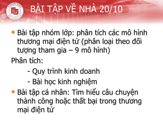 BÀI TẬP VỀ NHÀ 20/10 Bài tập nhóm lớp: phân tích các mô hình thương mại điện tử (phân loại theo đối tượng tham gia – 9 mô hình) Phân tích: - Quy trình kinh doanh - Bài học kinh nghiệm Bài tập cá nhân: Tìm hiểu câu chuyện thành công hoặc thất bại trong thương mại điện tử 