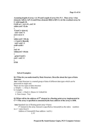 Page 11 of 14
Assuming length of array A is M and Length of array B is N-1 . Thus array A has
elements A[0] to A[N-1] and B has elements B[0] to B[N-1] .let the resultant array be
C with length 10.
CtrB=n-1 , ctrA=0 , ctrC=0
while (ctrC<5) do
{
C[ctrC]=A[ctrA]
ctrC=ctrC+1
ctrA=ctrA+1
}
while (ctrC<10) do
{ C[ctrC]=B[ctrB]
ctrC=ctrC+1
ctrB=ctrB-1
}
ctrC=0
while(ctrC<10) do
{
print C[ctrC]
ctrC= ctrC+1
}
END

Solved Examples:
Q.1 What do you understand by Data Structure. Describe about the types of data
structure
Ans A data Structure is a named group of data of different data types which can be
processed as single unit.
There are two types of data structure
a. Simple :- i. Array ii. Structure
b. Complex
i. Linear :- i.Stack ii. Queue iii. Linked-list
ii. Non-Linear : Tree
Q.2What will be the address of 5th element in a floating point array implemented in
C++?The array is specified as amount[16].the base address of the array is 1058.
Ans) Standard size of floating-point array=4 bytes
5th element in the array Amount is specified as Amount[4] as the index numbers
in c++ starts from 0.
Address of Amount[4]=base address +es(I-L)
L=0

Prepared By Sumit Kumar Gupta, PGT Computer Science

 