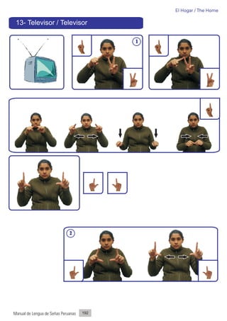 El Hogar / The Home

 13- Televisor / Televisor

                                           1




                              2




Manual de Lengua de Señas Peruanas   192
 