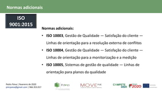 Pedro Paiva | fevereiro de 2020
pmcpaiva@gmail.com | 966.353.017
Normas adicionais:
• ISO 10003, Gestão de Qualidade — Satisfação do cliente —
Linhas de orientação para a resolução externa de conflitos
• ISO 10004, Gestão de Qualidade — Satisfação do cliente —
Linhas de orientação para a monitorização e a medição
• ISO 10005, Sistemas de gestão de qualidade — Linhas de
orientação para planos da qualidade
Normas adicionais
ISO
9001:2015
 