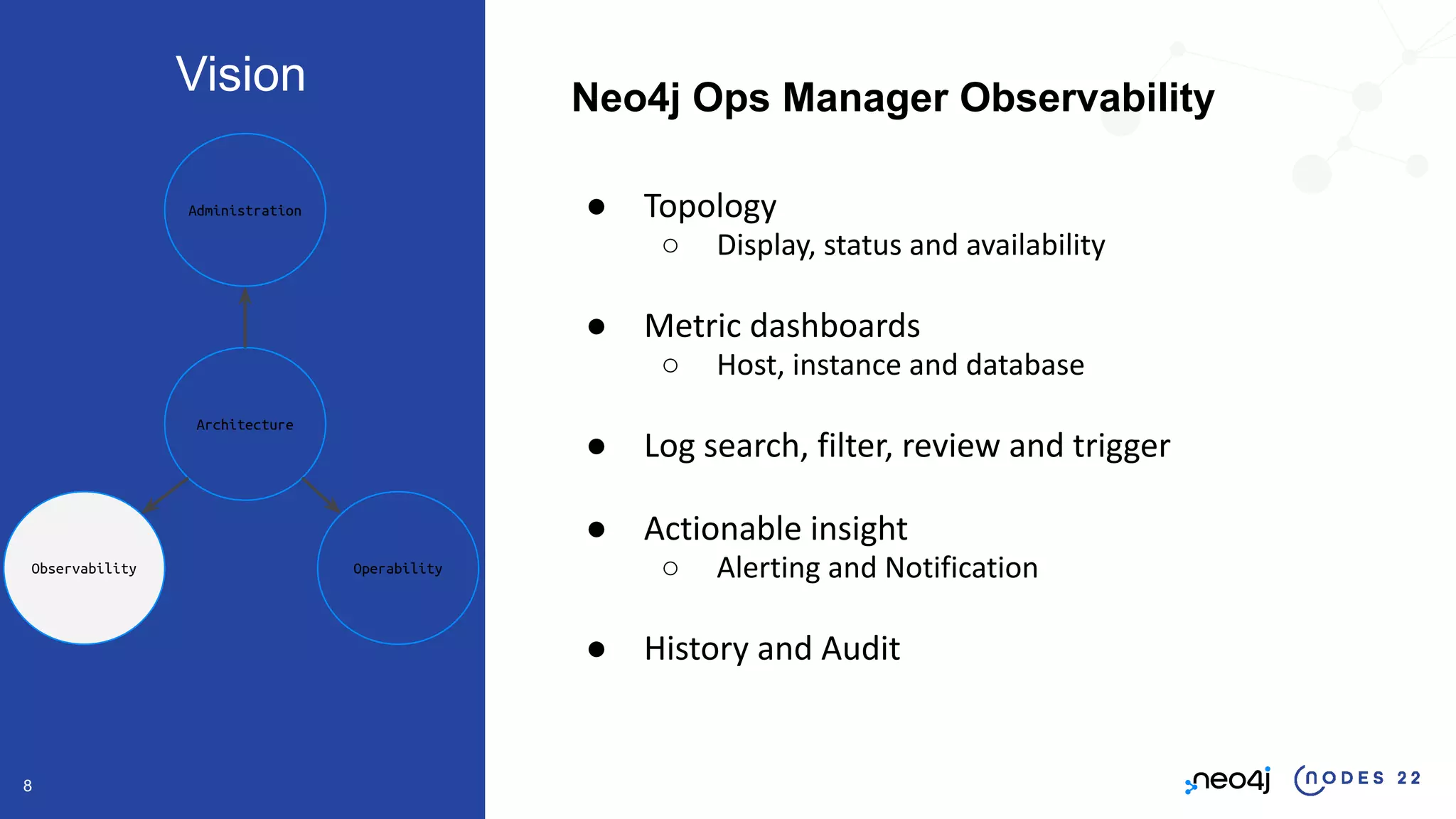 8
Neo4j Ops Manager Observability
● Topology
○ Display, status and availability
● Metric dashboards
○ Host, instance and database
● Log search, filter, review and trigger
● Actionable insight
○ Alerting and Notification
● History and Audit
Architecture
Operability
Observability
Administration
Vision
 