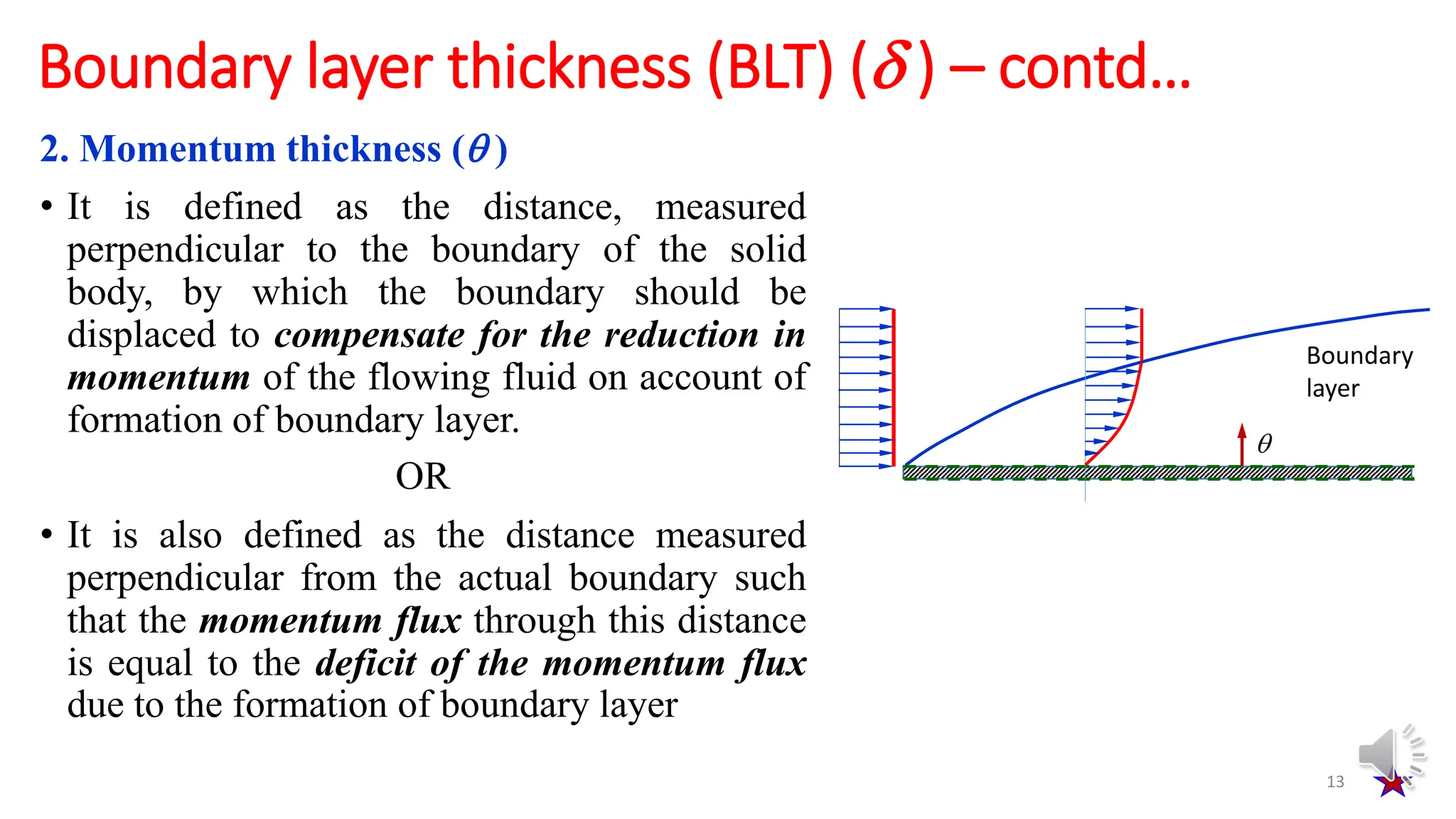 2. Momentum thickness ( )
• It is defined as the distance, measured
perpendicular to the boundary of the solid
body, by which the boundary should be
displaced to compensate for the reduction in
momentum of the flowing fluid on account of
formation of boundary layer.
OR
• It is also defined as the distance measured
perpendicular from the actual boundary such
that the momentum flux through this distance
is equal to the deficit of the momentum flux
due to the formation of boundary layer
13
Boundary layer thickness (BLT) ( ) – contd…

Boundary
layer
 