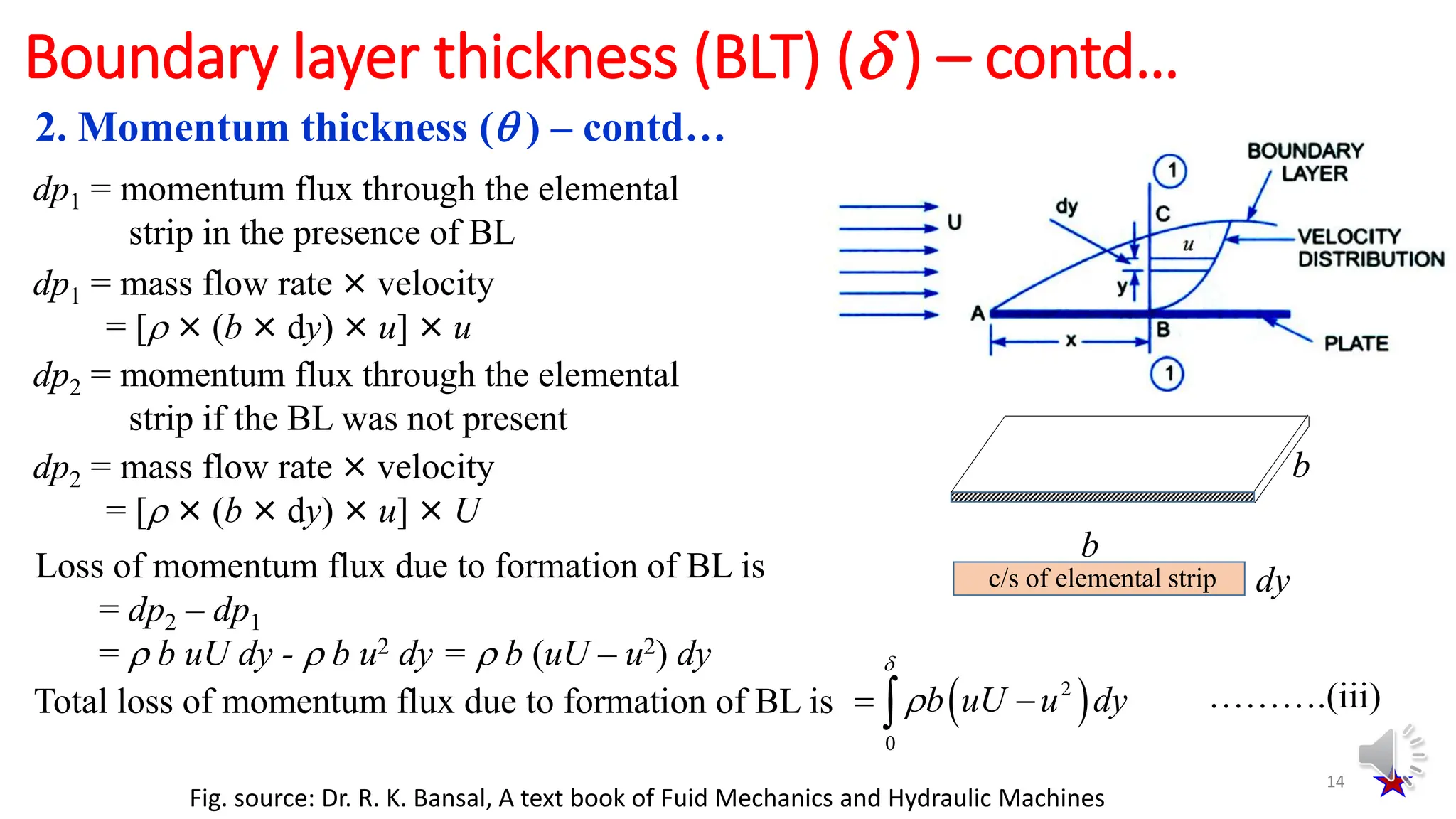 2. Momentum thickness ( ) – contd…
14
Boundary layer thickness (BLT) ( ) – contd…
dp1 = momentum flux through the elemental
strip in the presence of BL
dp1 = mass flow rate × velocity
= [ × (b × dy) × u] × u
dp2 = momentum flux through the elemental
strip if the BL was not present
dp2 = mass flow rate × velocity
= [ × (b × dy) × u] × U
Loss of momentum flux due to formation of BL is
= dp2 – dp1
=  b uU dy -  b u2 dy =  b (uU – u2) dy
Total loss of momentum flux due to formation of BL is  
2
0
b uU u dy


 
 ……….(iii)
b
b
dy
c/s of elemental strip
Fig. source: Dr. R. K. Bansal, A text book of Fuid Mechanics and Hydraulic Machines
 