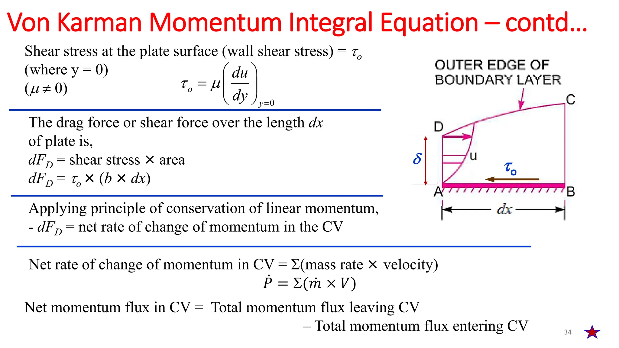 34
Von Karman Momentum Integral Equation – contd…
Shear stress at the plate surface (wall shear stress) = o
(where y = 0)
(  0)
0
 

 
  
 
o
y
du
dy
The drag force or shear force over the length dx
of plate is,
dFD = shear stress × area
dFD = o × (b × dx)
Applying principle of conservation of linear momentum,
- dFD = net rate of change of momentum in the CV
Net rate of change of momentum in CV = (mass rate × velocity)
ሶ
𝑃 = ( ሶ
𝑚 × 𝑉)
Net momentum flux in CV = Total momentum flux leaving CV
– Total momentum flux entering CV
o

 