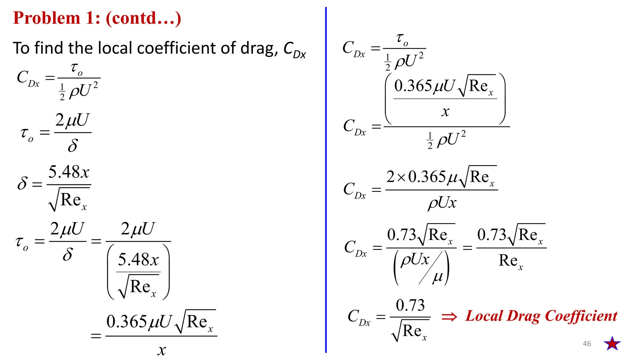 To find the local coefficient of drag, CDx
46
Problem 1: (contd…)
2
1
2
o
Dx
C
U



2
o
U




5.48
Rex
x
 
2 2
5.48
Re
0.365 Re
o
x
x
U U
x
U
x
 



 
 
 
 
 

2
1
2
o
Dx
C
U



2
1
2
0.365 Rex
Dx
U
x
C
U


 
 
 
 

2 0.365 Rex
Dx
C
Ux




 
0.73 Re 0.73 Re
Re
x x
Dx
x
C
Ux


 
0.73
Re
Dx
x
C   Local Drag Coefficient
 