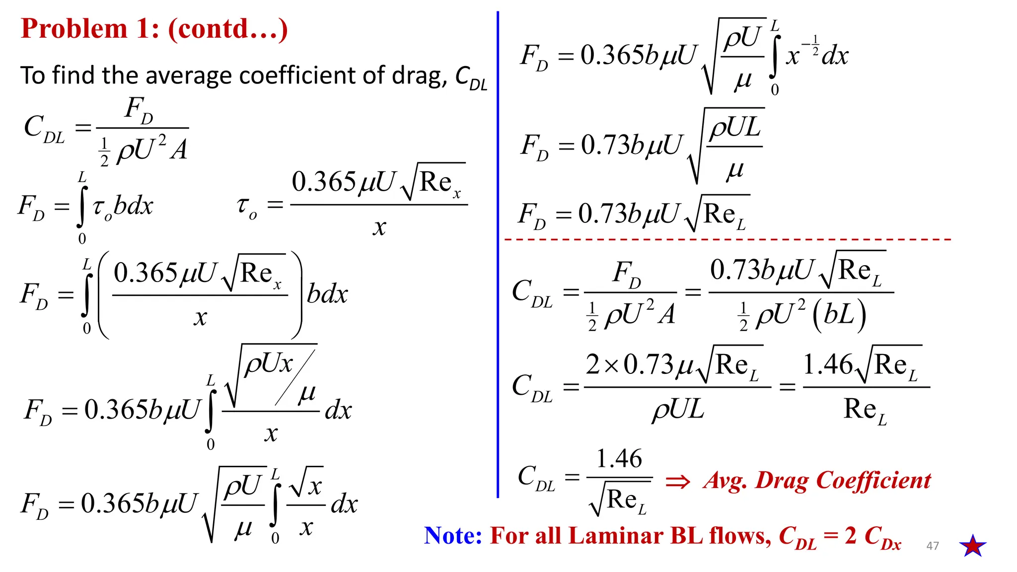 To find the average coefficient of drag, CDL
47
Problem 1: (contd…)
2
1
2
D
DL
F
C
U A


0.365 Rex
o
U
x

 
1.46
Re
DL
L
C   Avg. Drag Coefficient
0
L
D o
F bdx

 
0
0.365 Re
L
x
D
U
F bdx
x

 
  
 
 

0
0.365
L
D
Ux
F b U dx
x



 
0
0.365
L
D
U x
F b U dx
x



 
1
2
0
0.365
L
D
U
F b U x dx




 
0.73
D
UL
F b U




0.73 Re
D L
F b U


 
2 2
1 1
2 2
0.73 ReL
D
DL
b U
F
C
U A U bL

 
 
2 0.73 Re 1.46 Re
Re
L L
DL
L
C
UL



 
Note: For all Laminar BL flows, CDL = 2 CDx
 
