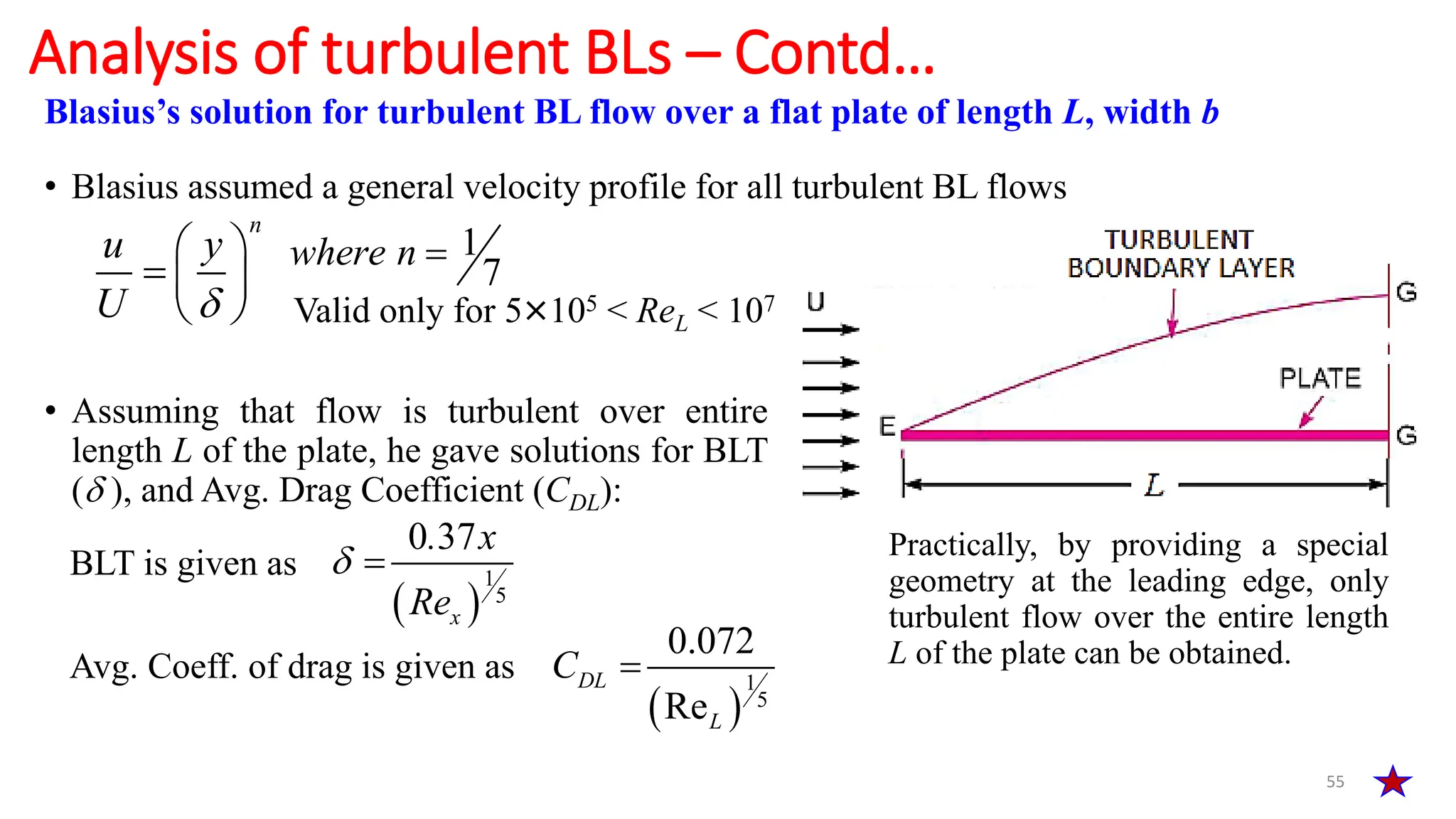 • Blasius assumed a general velocity profile for all turbulent BL flows
55
Analysis of turbulent BLs – Contd…
Blasius’s solution for turbulent BL flow over a flat plate of length L, width b
n
u y
U 
 
  
 
1
7
where n 
• Assuming that flow is turbulent over entire
length L of the plate, he gave solutions for BLT
( ), and Avg. Drag Coefficient (CDL):
BLT is given as
 
1
5
0 37
x
. x
Re
 
Avg. Coeff. of drag is given as
 
1
5
0.072
Re
DL
L
C 
Valid only for 5×105 < ReL < 107
Practically, by providing a special
geometry at the leading edge, only
turbulent flow over the entire length
L of the plate can be obtained.
 