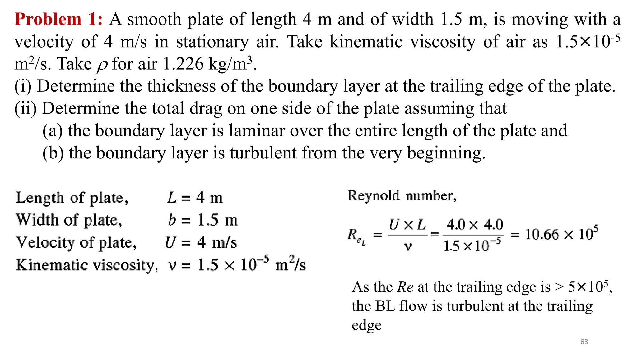 63
Problem 1: A smooth plate of length 4 m and of width 1.5 m, is moving with a
velocity of 4 m/s in stationary air. Take kinematic viscosity of air as 1.5×10-5
m2/s. Take  for air 1.226 kg/m3.
(i) Determine the thickness of the boundary layer at the trailing edge of the plate.
(ii) Determine the total drag on one side of the plate assuming that
(a) the boundary layer is laminar over the entire length of the plate and
(b) the boundary layer is turbulent from the very beginning.
As the Re at the trailing edge is > 5×105,
the BL flow is turbulent at the trailing
edge
 