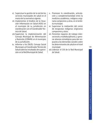 vi. Supervisar la gestión de la red de los     x. Promover la coordinación, articula-
      servicios municipales de salud en el           ción y complementariedad entre la
      marco de la normativa vigente.                 medicina académica, indígena origi-
vii. Implementar el Análisis de la Situa-            naria campesinos y otras, en el ámbi-
      ción Información en Salud (ASIS) en            to municipal.
      el municipio de su jurisdicción en       xi. Supervisar la realización del censo
      coordinación con el Coordinador Téc-           de terapeutas indígenas originarios
      nico de Salud.                                 campesinos y otros.
viii. Supervisar la implementación del         xii. Fomentar espacios de trabajo inter-
      Consejo Municipal de Alimentación              sectorial y multidisciplinario, y gene-
      y Nutrición (CONAN) en el municipio            rar alianzas estratégicas para dar res-
      de su jurisdicción.                            puesta a las demandas sociales sobre
ix. Informar a los DILOS, Consejo Social             las determinantes de salud en el nivel
      Municipal y al Coordinador Técnico de          municipal.                                69
      Salud sobre los resultados de supervi-   xiii. Liderizar el CAI de la Red Municipal
      sión en la Red Municipal de Salud.             de Salud.




                                                                                               D O C U M E N TO D I D Á C T I CO T É C N I CO E S T R AT É G I CO S A F C I
 