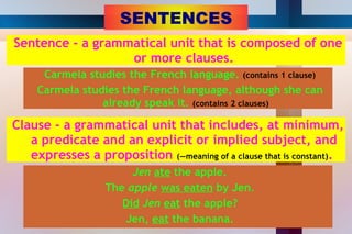 SENTENCES Sentence - a grammatical unit that is composed of one or more clauses. Carmela studies the French language.  (contains 1 clause) Clause - a grammatical unit that includes, at minimum, a predicate and an explicit or implied subject, and expresses a proposition  (—meaning of a clause that is constant) .  Carmela studies the French language, although she can already speak it.  (contains 2 clauses) Jen   ate  the apple. The  apple   was eaten  by Jen. Did   Jen  eat  the apple? Jen ,  eat  the banana. 