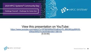 View this presentation on YouTube:
https://www.youtube.com/watch?v=5F9WW89yDZw&list=PL-8MJMUpp8IKH5-
d56az56t52YccleX5h&index=3&t=0s
(5:33:00)
Workunit Analysis Tool 39
 