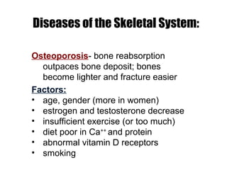 Diseases of the Skeletal System:
Osteoporosis- bone reabsorption
outpaces bone deposit; bones
become lighter and fracture easier
Factors:
• age, gender (more in women)
• estrogen and testosterone decrease
• insufficient exercise (or too much)
• diet poor in Ca++
and protein
• abnormal vitamin D receptors
• smoking
 