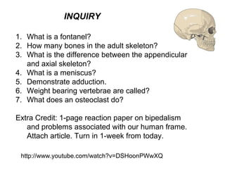 INQUIRY
http://www.youtube.com/watch?v=DSHoonPWwXQ
1. What is a fontanel?
2. How many bones in the adult skeleton?
3. What is the difference between the appendicular
and axial skeleton?
4. What is a meniscus?
5. Demonstrate adduction.
6. Weight bearing vertebrae are called?
7. What does an osteoclast do?
Extra Credit: 1-page reaction paper on bipedalism
and problems associated with our human frame.
Attach article. Turn in 1-week from today.
 