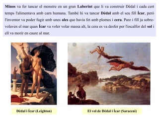 Minos va fer tancar el monstre en un gran Laberint que li va construir Dèdal i cada cert
temps l'alimentava amb carn humana. També hi va tancar Dèdal amb el seu fill Ícar, però
l'inventor va poder fugir amb unes ales que havia fet amb plomes i cera. Pare i fill ja sobre-
volaven el mar quan Ícar va voler volar massa alt, la cera es va desfer per l'escalfor del sol i
ell va morir en caure al mar.
Dèdal i Ícar (Leighton) El vol de Dèdal i Ícar (Saraceni)
 
