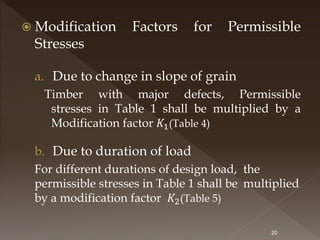  Modification Factors for Permissible
Stresses
a. Due to change in slope of grain
Timber with major defects, Permissible
stresses in Table 1 shall be multiplied by a
Modification factor 𝐾1(Table 4)
b. Due to duration of load
For different durations of design load, the
permissible stresses in Table 1 shall be multiplied
by a modification factor 𝐾2(Table 5)
20
 