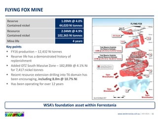 www.westernareas.com.au| ASX:WSA |
FLYING FOX MINE
11
Key points
 FY16 production – 12,432 Ni tonnes
 Reserve life has a demonstrated history of
replenishment
 Added OTZ South Massive Zone – 182,898t @ 4.1% Ni
for 7,417 nickel tonnes
 Recent resource extension drilling into T6 domain has
been encouraging, including 8.0m @ 10.7% Ni
 Has been operating for over 12 years
WSA’s foundation asset within Forrestania
Reserve
Contained nickel
1.04Mt @ 4.0%
41,670 Ni tonnes
Resource
Contained nickel
2.07Mt @ 4.9%
102,365 Ni tonnes
Mine life 4 years
 