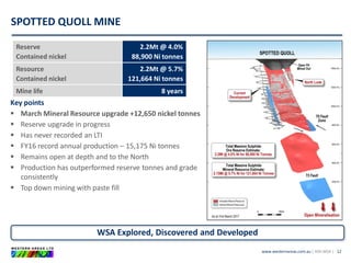 www.westernareas.com.au| ASX:WSA |
SPOTTED QUOLL MINE
12
Key points
 March Mineral Resource upgrade +12,650 nickel tonnes
 Reserve upgrade in progress
 Has never recorded an LTI
 FY16 record annual production – 15,175 Ni tonnes
 Remains open at depth and to the North
 Production has outperformed reserve tonnes and grade
consistently
 Top down mining with paste fill
WSA Explored, Discovered and Developed
Reserve
Contained nickel
2.2Mt @ 4.0%
88,900 Ni tonnes
Resource
Contained nickel
2.2Mt @ 5.7%
121,664 Ni tonnes
Mine life 8 years
 
