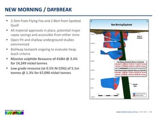 www.westernareas.com.au| ASX:WSA |
NEW MORNING / DAYBREAK
31
 2.5km from Flying Fox and 2.8km from Spotted
Quoll
 All material approvals in place, potential major
capex savings and accessible from either mine
 Open Pit and shallow underground studies
commenced
 BioHeap testwork ongoing to evaluate heap
leach criteria
 Massive sulphide Resource of 418kt @ 3.4%
for 14,249 nickel tonnes
 Low grade resource (at 0.5% Ni COG) of 5.1m
tonnes @ 1.3% for 67,090 nickel tonnes
 