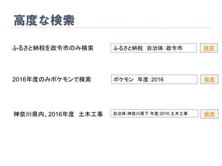 高度な検索
ふるさと納税を政令市のみ検索 ふるさと納税 自治体：政令市 検索
2016年度のみポケモンで検索 ポケモン 年度：2016 検索
神奈川県内、2016年度 土木工事 自治体:神奈川県下 年度:2016 土木工事 検索
 