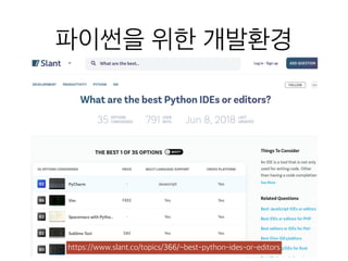 파이썬을 위한 개발환경
https://www.slant.co/topics/366/~best-python-ides-or-editors