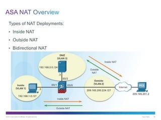 © 2013 Cisco and/or its affiliates. All rights reserved. Cisco Public 63
Types of NAT Deployments:
• Inside NAT
• Outside NAT
• Bidirectional NAT
 