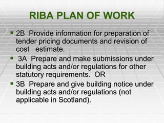 RIBA PLAN OF WORK
 2B Provide information for preparation of
tender pricing documents and revision of
cost estimate.
 3A Prepare and make submissions under
building acts and/or regulations for other
statutory requirements. OR
 3B Prepare and give building notice under
building acts and/or regulations (not
applicable in Scotland).
 