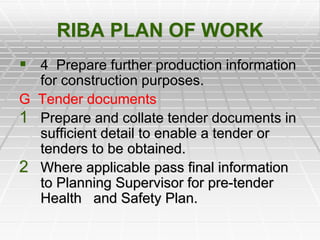 RIBA PLAN OF WORK
 4 Prepare further production information
for construction purposes.
G Tender documents
1 Prepare and collate tender documents in
sufficient detail to enable a tender or
tenders to be obtained.
2 Where applicable pass final information
to Planning Supervisor for pre-tender
Health and Safety Plan.
 