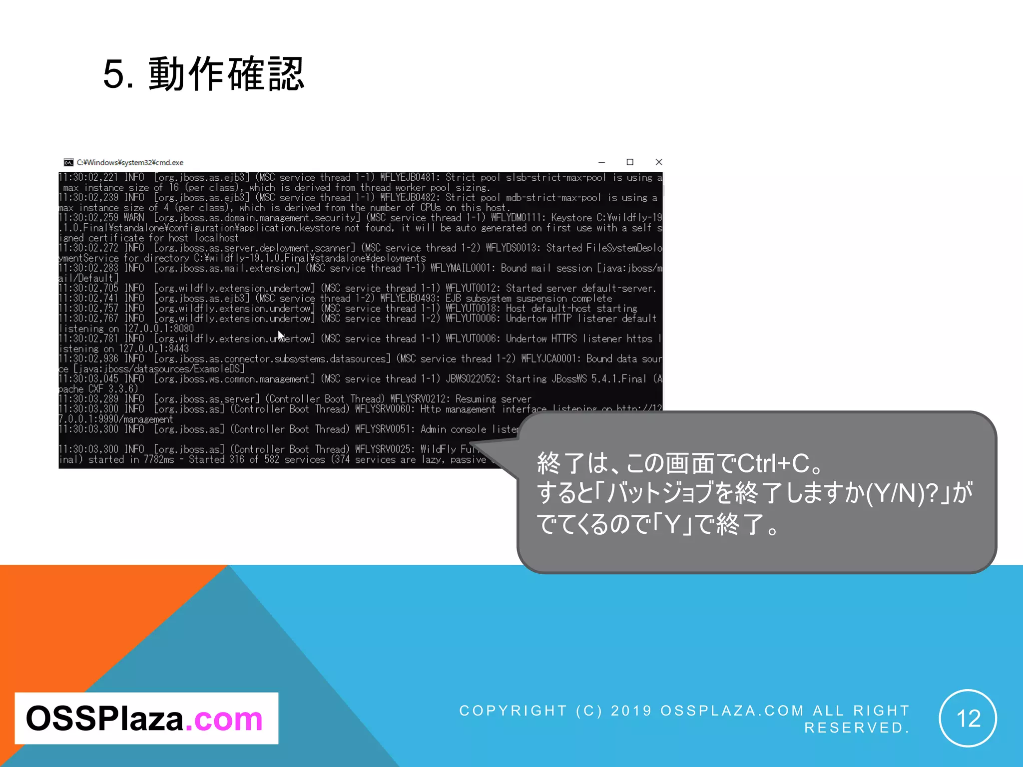 5. 動作確認
C O P Y R I G H T ( C ) 2 0 1 9 O S S P L A Z A . C O M A L L R I G H T
R E S E R V E D . 12OSSPlaza.com
拡大
終了は、この画面でCtrl+C。
すると「バットジョブを終了しますか(Y/N)?」が
でてくるので「Y」で終了。
 