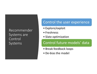 Recommender
Systems are
Control
Systems
Control the user experience
• Explore/exploit
• Freshness
• Slate optimization
Control future models’ data
• Break feedback loops
• De-bias the model
 