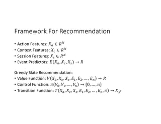 Framework For Recommendation
• Action Features: 𝑋" ∈ 𝑅%
• Context Features: 𝑋& ∈ 𝑅%
• Session Features: 𝑋' ∈ 𝑅%
• Event Predictors: 𝐸(𝑋", 𝑋&, 𝑋') → 𝑅
Greedy Slate Recommendation:
• Value Function: 𝑉 𝑋", 𝑋&, 𝑋', 𝐸., 𝐸/, … , 𝐸1 → 𝑅
• Control Function: 𝜋 𝑉3, 𝑉., … , 𝑉1 → {0, … , 𝑛}
• Transition Function: 𝑇 𝑋", 𝑋&, 𝑋', 𝐸., 𝐸/, … , 𝐸1, 𝜋 → 𝑋'9
 